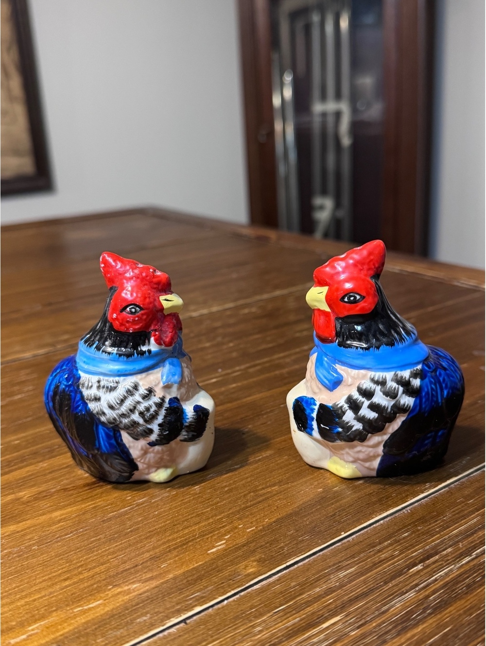 Vintage Rooster Salt Pepper Shaker Ceramic Hand Painted Blue Red Farmhouse China